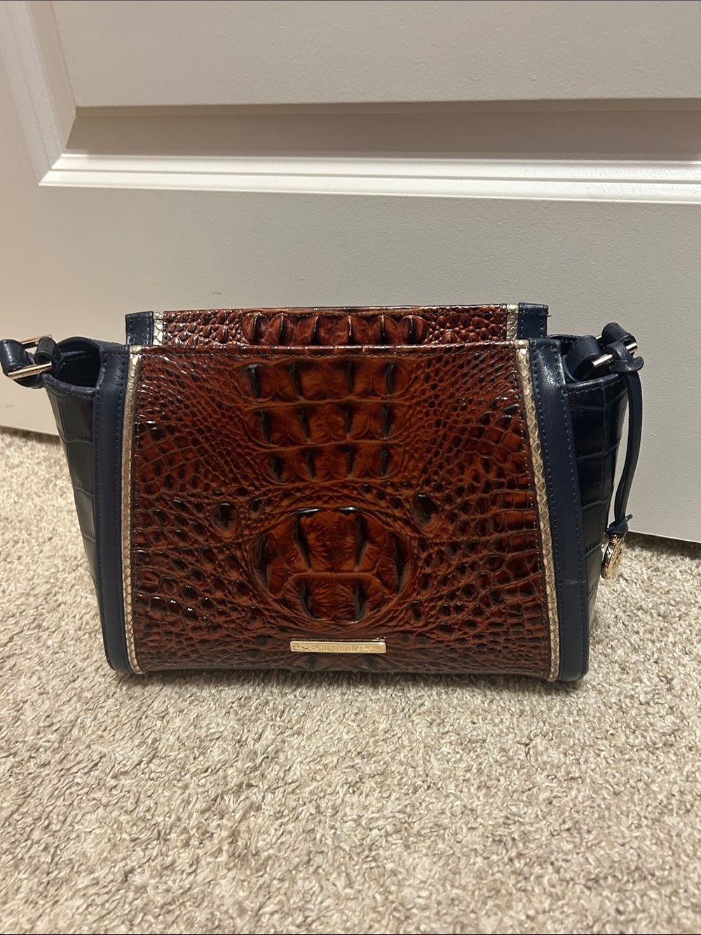 Brahmin Brown Croc-Embossed Crossbody with Navy Trim